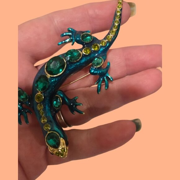 LONG GREEN METALLIC & RHINESTONE LIZARD BROOCH 4 PLUS INCHES - Picture 2 of 3